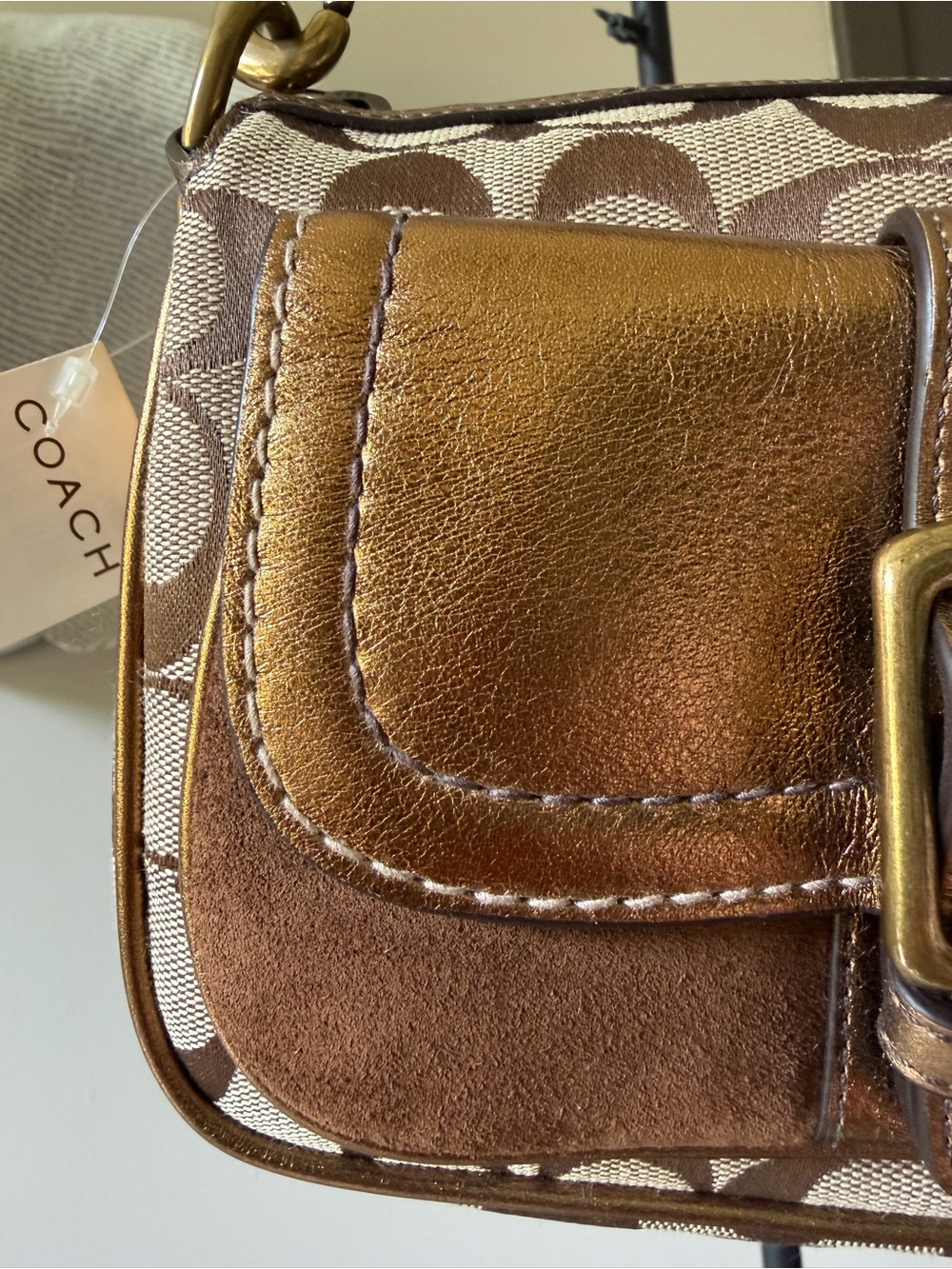 Coach Brown Signature Canvas Shoulder Bag with Metallic Bronze Leather Accents - Picture 4 of 16